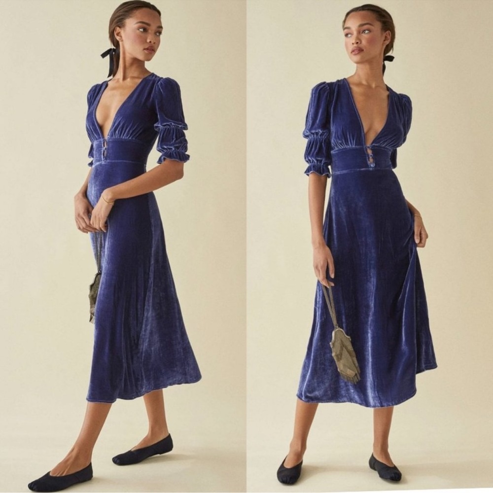 Reformation Aje Adelie Puff sleeve Blue Velvet midi Dress SIZE 14